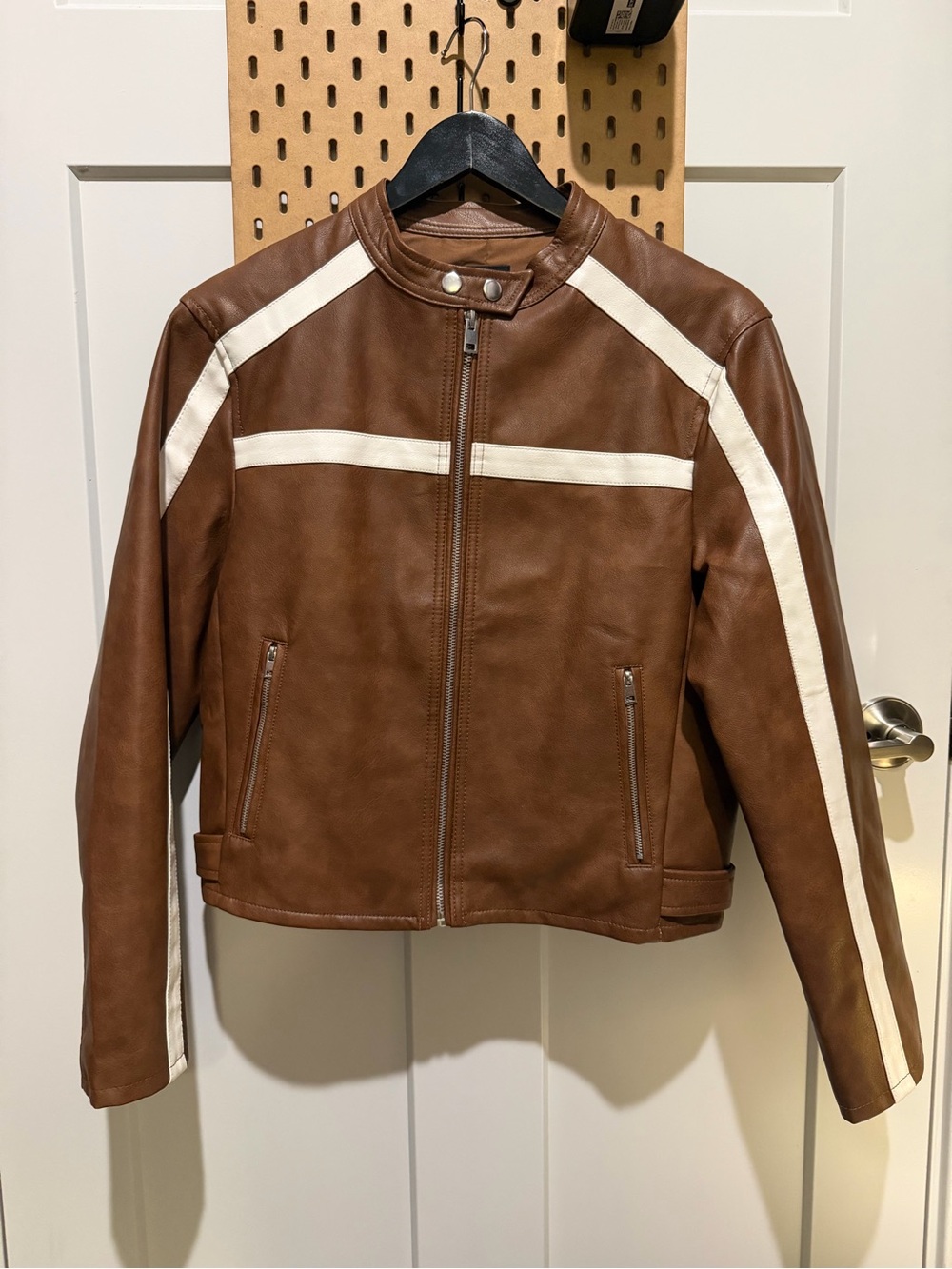 Women's Brown Leather Racer Stripe Jacket - Cream Accent - Picture 3 of 5
